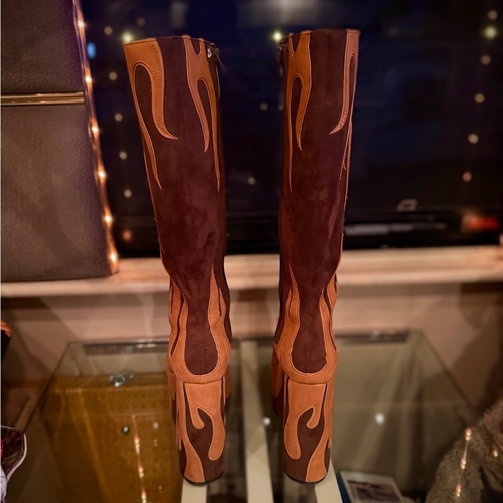 Dolls Kill Brown Current Mood Up In Flames Platform Boots - Picture 3 of 4